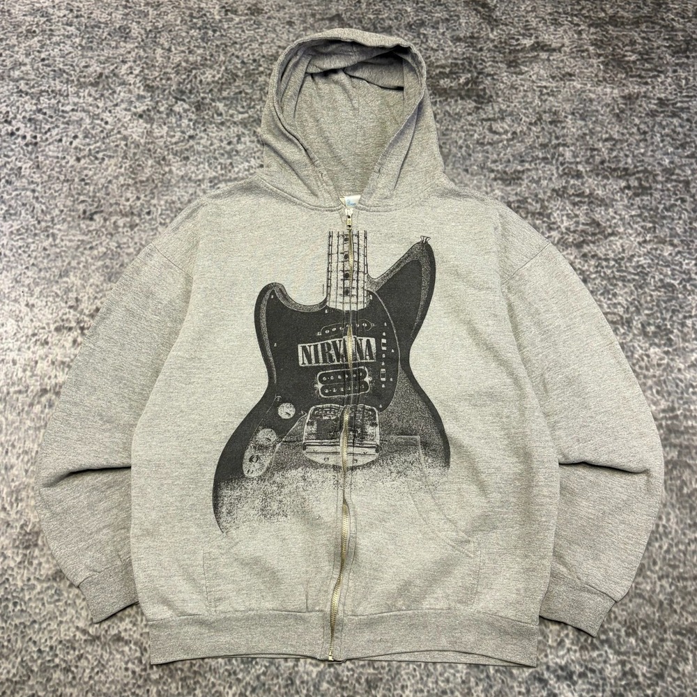 Vintage Nirvana Zip Up Hoodie Mens Large Gray Tultex Guitar Grunge Rock Band Y2K